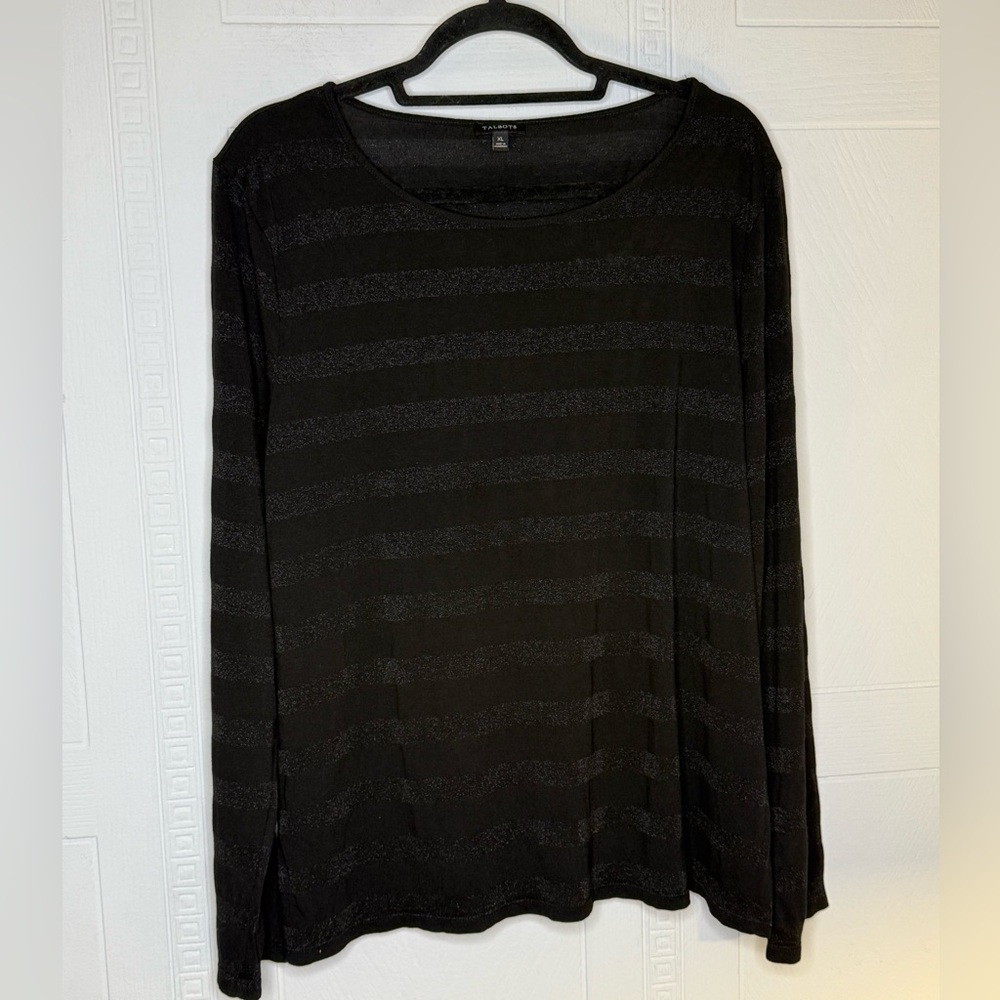 Talbots Shimmer Striped Long Sleeve Top Women's XL Black Stretch Metallic